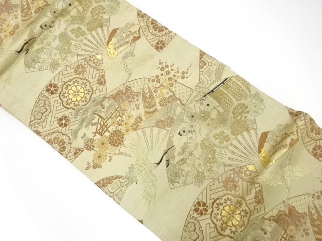 JAPANESE KIMONO / ANTIQUE MARU OBI / WOVEN CRANE & MUSICAL INSTRUMENTS